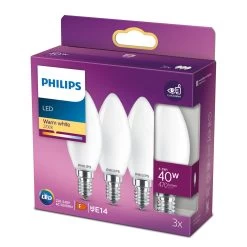 Philips LED-kertepære E14 B35 4,3W, Mat, 3 Stk.